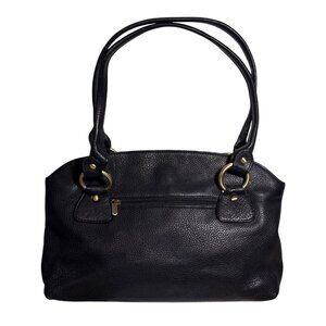 Danier Purse Black Pebbled Leather Double Straps Gold Hardware Zip Snap 14 x9.5"